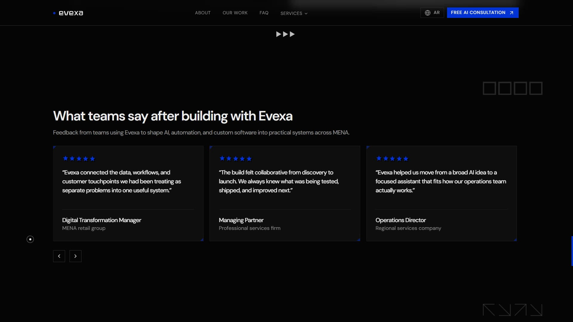 Evexa testimonials section placeholder